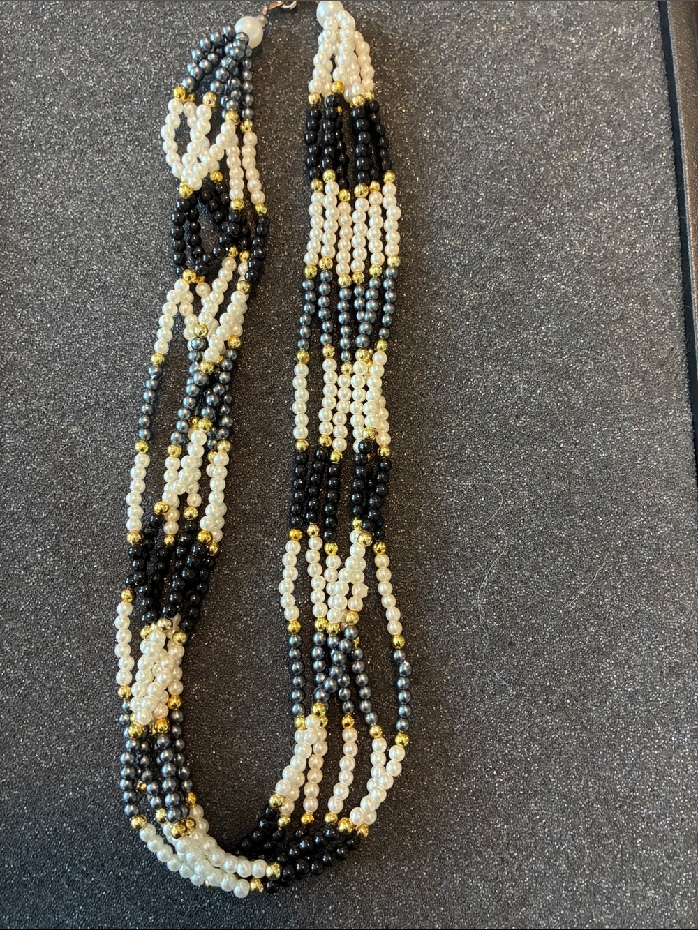 Multi-Strand Black, White & Gold Beaded Necklace